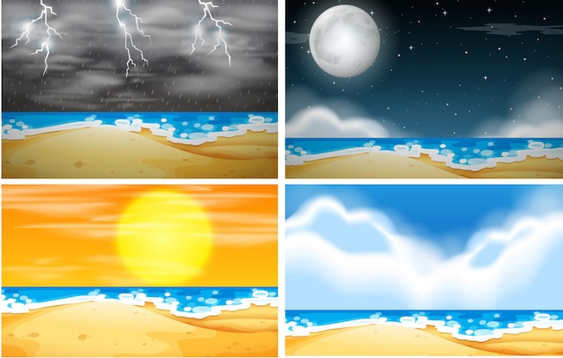 Free vector set of beach background with different weather