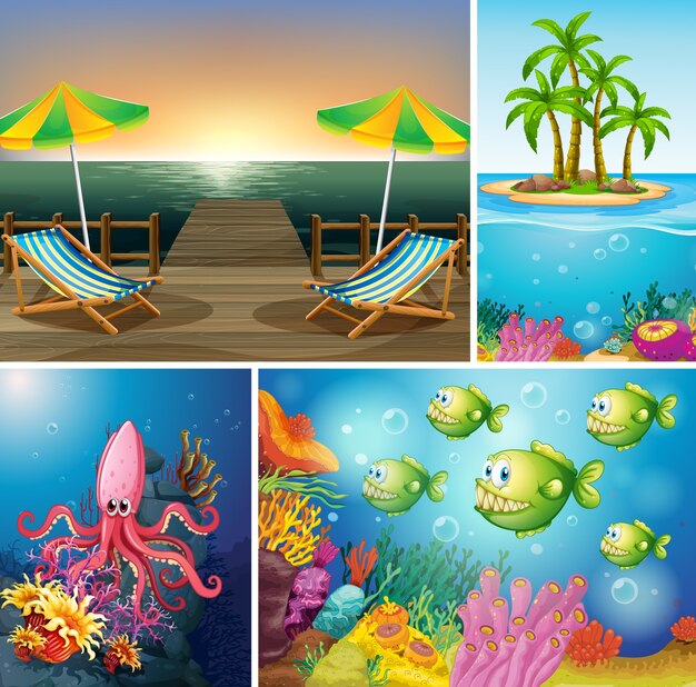 Free vector set of beach and ocean scene