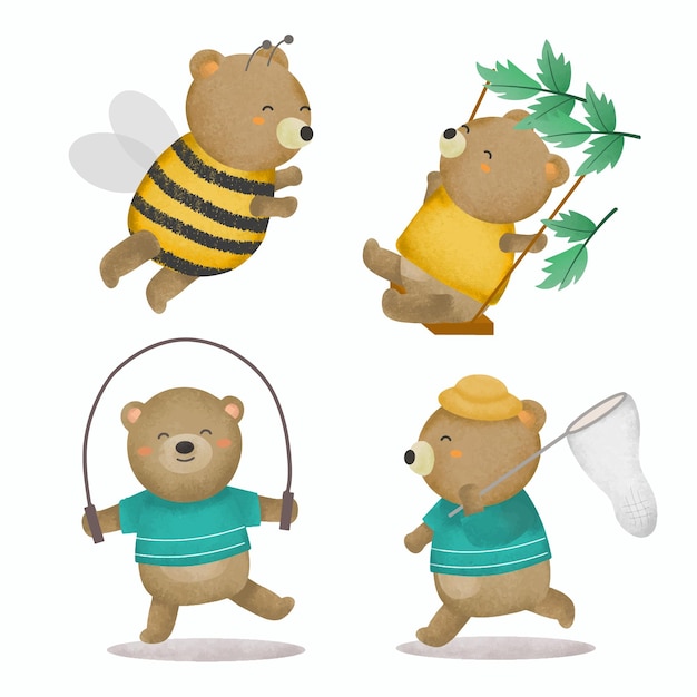 Free vector set of bear in various activity with bee costume sit on swing net to catch insect and jump with rope cartoon animal drawing watercolor for graphic designer vector illustration