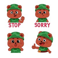 Set of bears in camouflage uniform showing stop sign feeling sorry sticking tongue showing thumb up