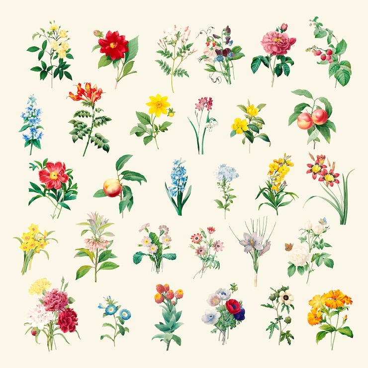 Free Vector set of beautiful blooming wildflowers