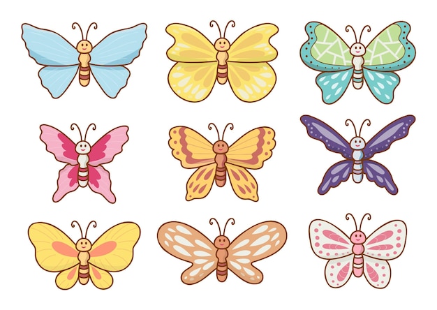 Free Vector set of beautiful butterfly in cartoon character drawing isolated on white background vector illustration