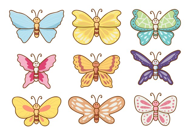 Set of beautiful butterfly in cartoon character drawing isolated on white background vector illustration