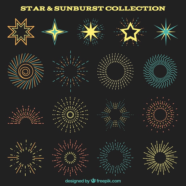 Set of beautiful colores sunburst and stars ornaments