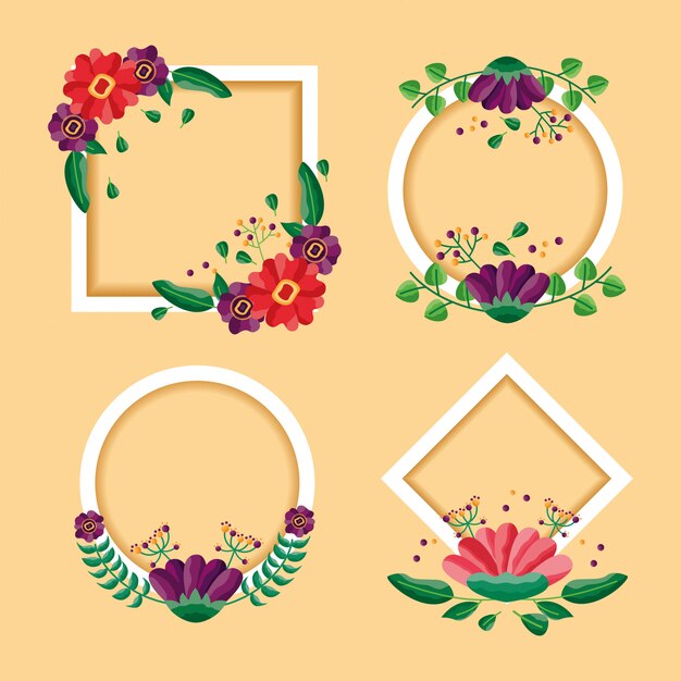 Set of beautiful floral frames. Rounded circle and square