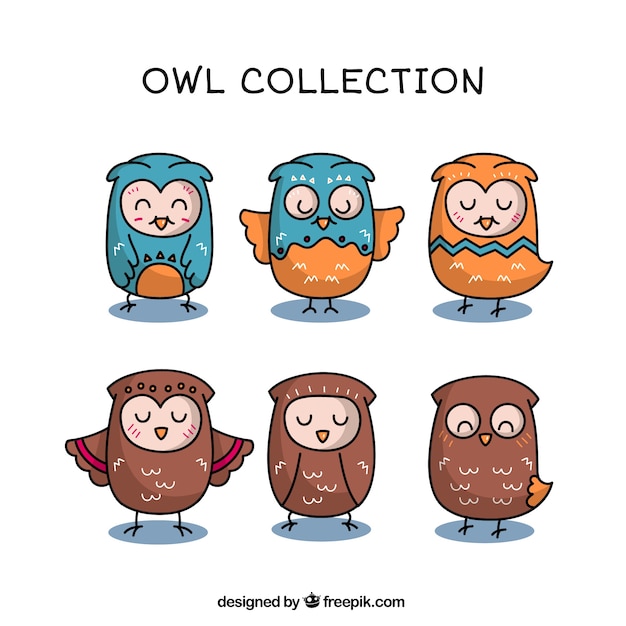 Set of beautiful hand drawn owls