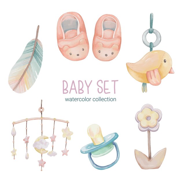 Set of beautiful separate parts of clothes baby items and toy in water colors