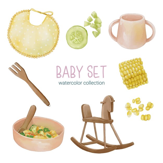 Set of beautiful separate parts of clothes baby items and toy in water colors