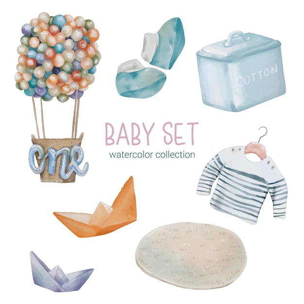 Free vector set of beautiful separate parts of clothes baby items and toy in water colors