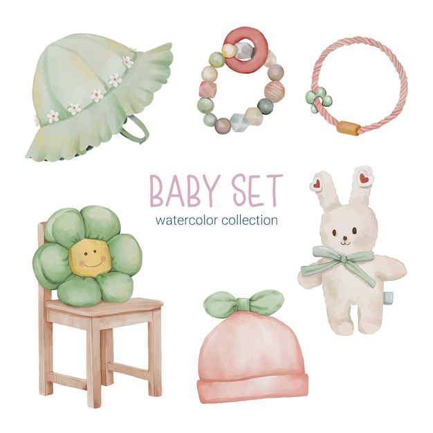 Set of beautiful separate parts of clothes baby items and toy in water colors