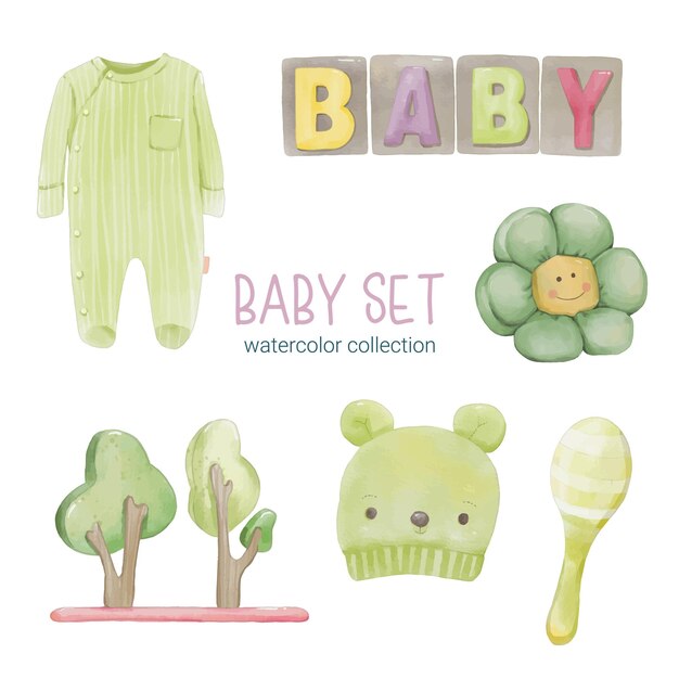 Set of beautiful separate parts of clothes baby items and toy in water colors