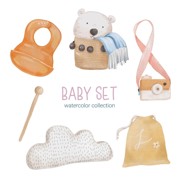 Free vector set of beautiful separate parts of clothes baby items and toy in water colors