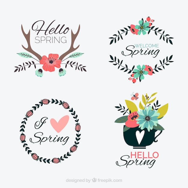 Free vector set of beautiful spring stickers with flowers