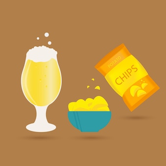 Set of beer mug and snack made in flat style. light beer with crispy potato chips. vector illustration for banners, posters, restaurant and pub menu.