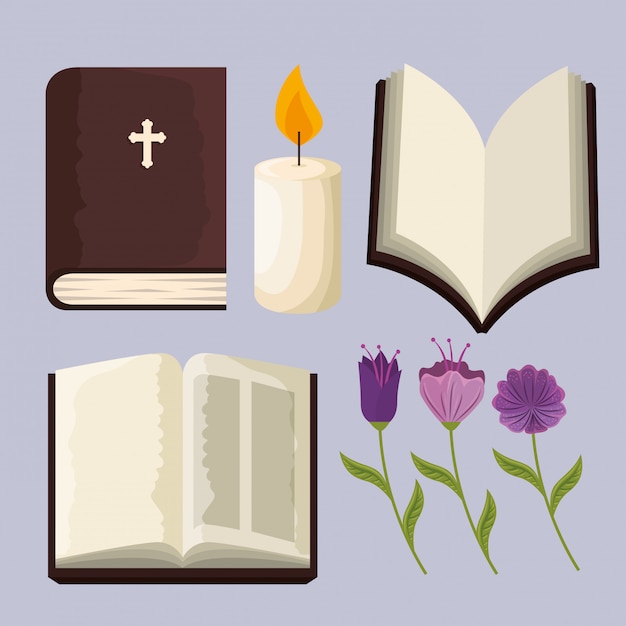 Impostare la bibbia con piante di candele e fiori per eventi