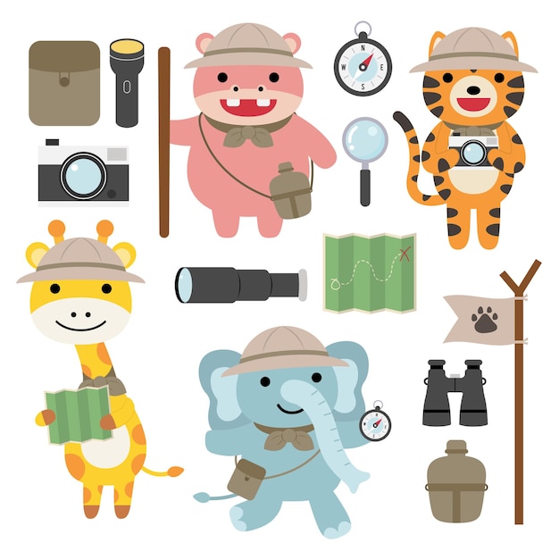 Free vector a set of big isolated   animal adventure traveling illustration, hand drawn style, hiking and camping concept with traveling elements  .