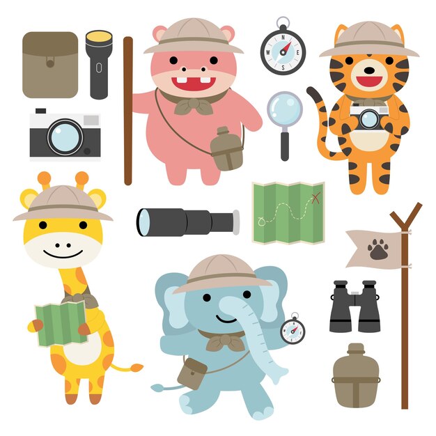 큰 격리 된 동물 모험 여행 그림, 손으로 그린 스타일, 하이킹 및 여행 요소와 캠핑 개념의 집합입니다.