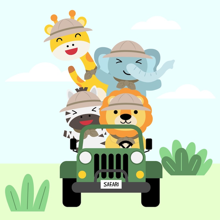 Free Vector a set of big isolated   animal adventure traveling illustration, hand drawn style, hiking and camping concept with traveling elements  .