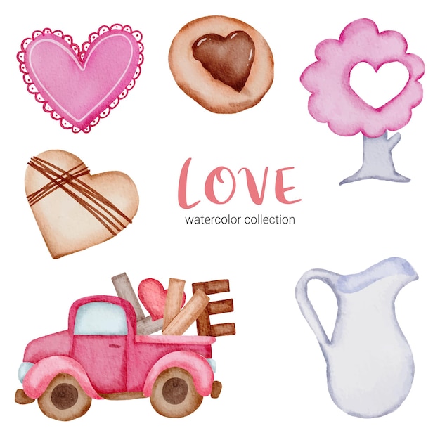 Set di cuori rossi-rosa romantici belli dell'elemento di concetto di san valentino dell'acquerello grande isolato per la decorazione, illustrazione