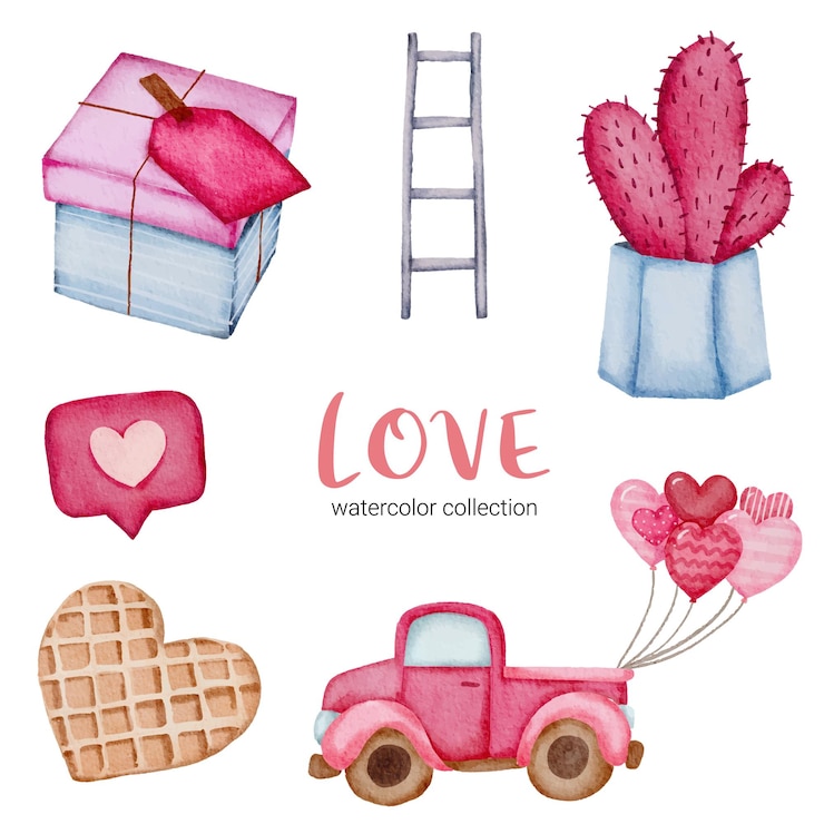 Free Vector set of big isolated watercolor valentine concept element lovely romantic red-pink hearts for decoration, illustration.