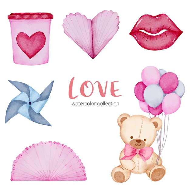 Free vector set of big isolated watercolor valentine concept element lovely romantic red-pink hearts for decoration, illustration.