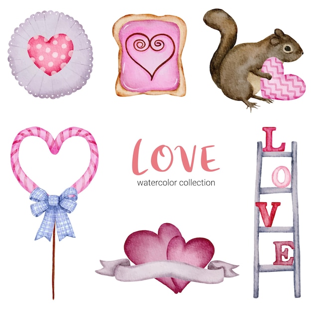 Free vector set of big isolated watercolor valentine concept element lovely romantic red-pink hearts for decoration, illustration.