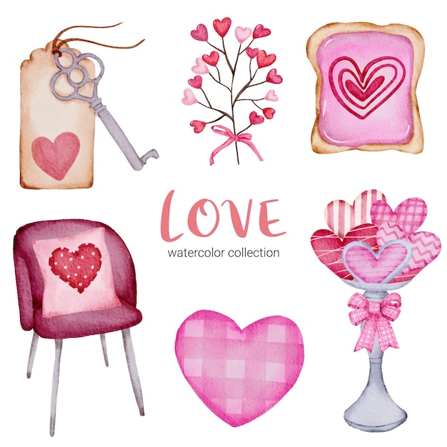 Set of big isolated watercolor valentine concept element lovely romantic red-pink hearts for decoration, illustration.