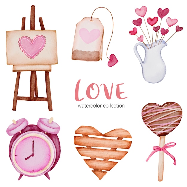 Set di cuori rossi-rosa romantici belli dell'elemento di concetto di san valentino dell'acquerello grande isolato per la decorazione, illustrazione