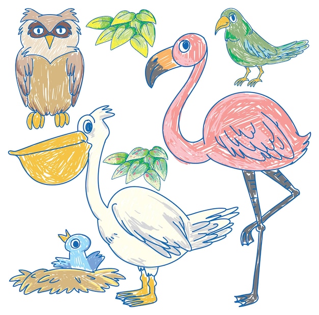 Free vector set of bird cartoon scribble style
