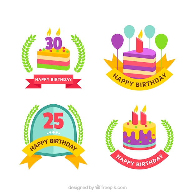 Set of birthday badges in flat design