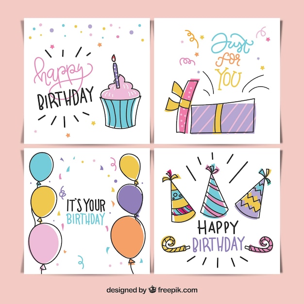 Vettore gratuito set di carte di compleanno in mano disegnato stile