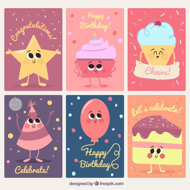 Vettore gratuito set di carte di compleanno con personaggi adorabili