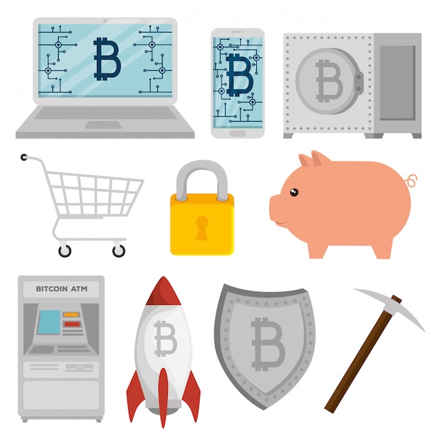 Set of bitcoin currency with pig and shield