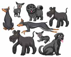 Free vector set of black dogs in different breeds on white background