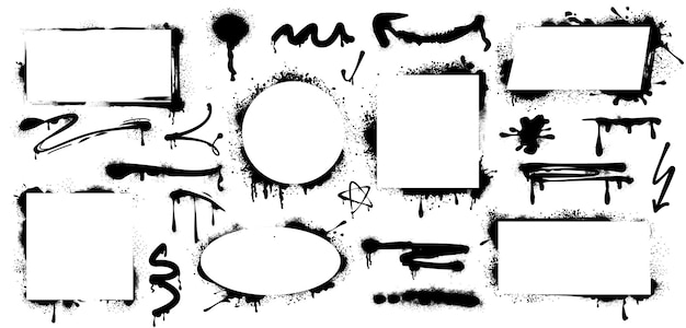 Free vector set of black paint spray frames graffiti stencil borders drips and lines abstract ink splatters