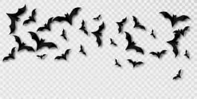 Free vector set of black paperstyle halloween bats in vector isolated on transparent background