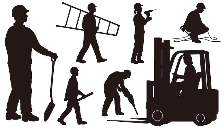 Free Vector set of black and white construction workers silhouette illustrations isolated on a white background