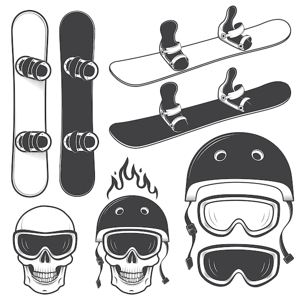 Set di snowbords in bianco e nero ed elementi di snowboard progettati. tema estremo, sport invernali, avventura all'aria aperta.