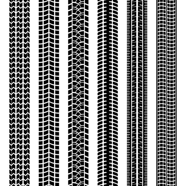 Набор черно-белых следов шин или отпечатков, оставленных в грязи или снегу от протекторов на шинах транспортного средства или машины, прямые бесшовные векторные узоры