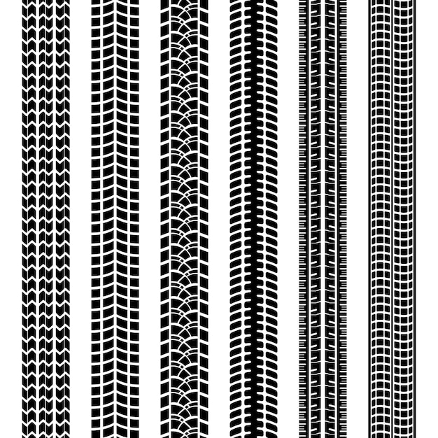 車両または機械のまっすぐなシームレスなベクトルパターンのタイヤのトレッドによって土の泥や雪に残された黒と白のタイヤトラックまたはプリントのセット