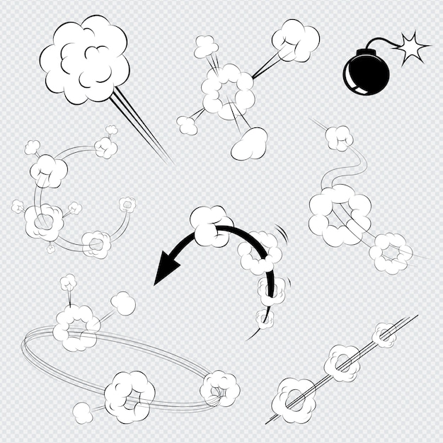 Free vector set of black and white vector cartoon comic book explosions with puffs of smoke