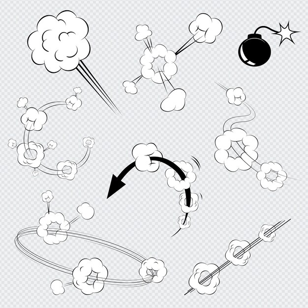 Set of black and white vector cartoon comic book explosions with puffs of smoke