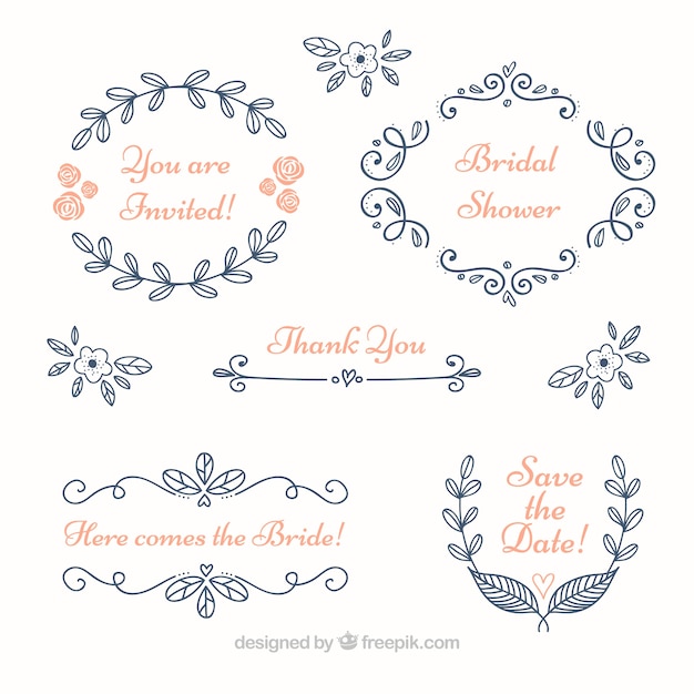 Set of blue floral wedding frames