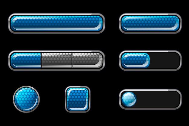 ユーザーインターフェイス用の青い光沢のあるボタンのセット。