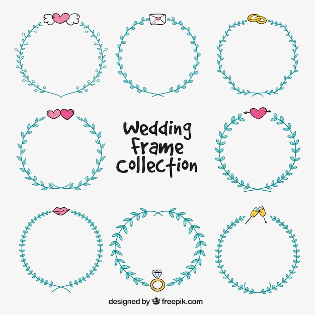 Set of blue hand-drawn wedding frames