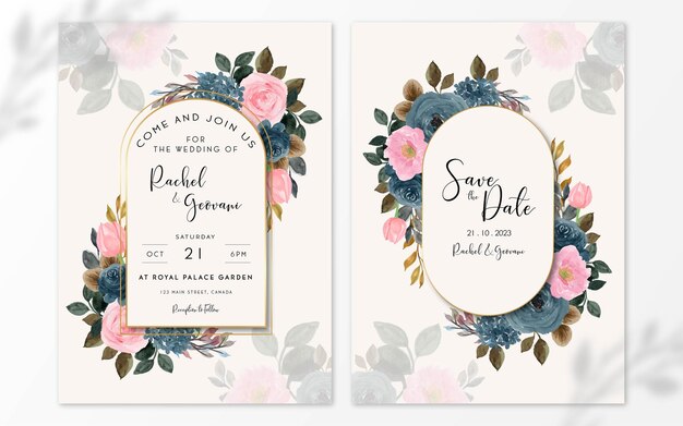 Set of Blue And Pink Watercolor Floral Wedding Invitation