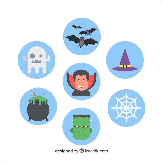 Set of blue round halloween stickers