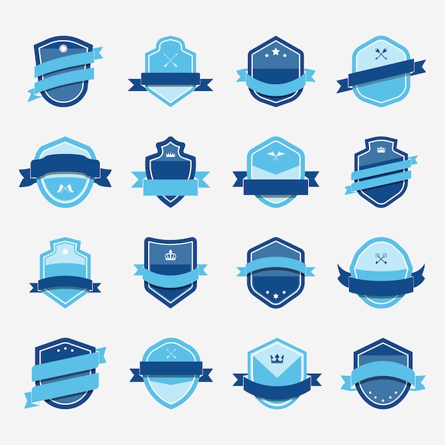 Set of blue shield icon embellished with banner vectors