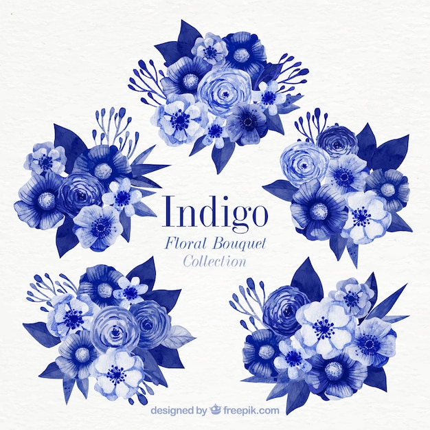 Free vector set blue watercolor floral bouquets