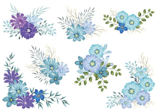 Set Of Blue Watercolor Floral Elements Isolated On A white